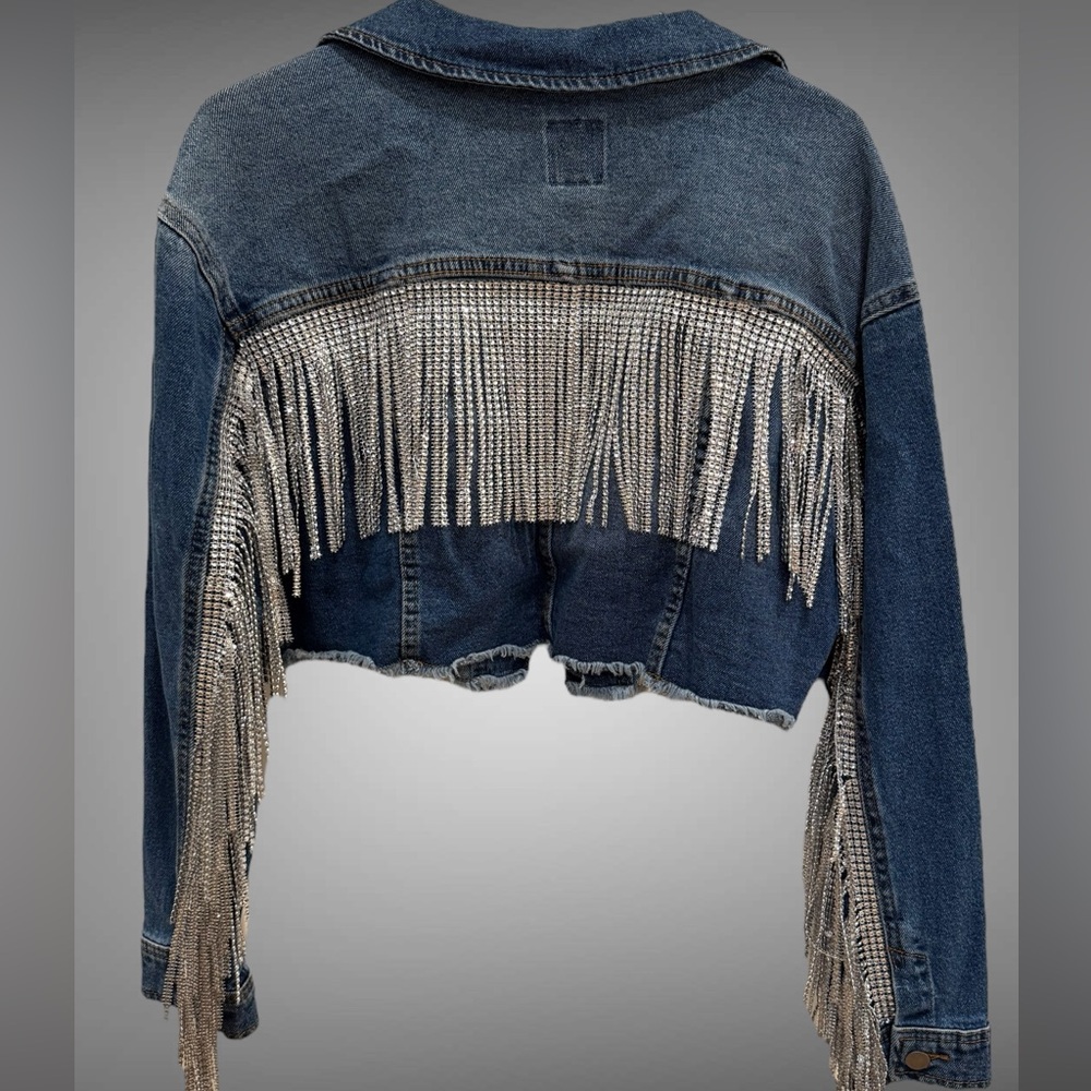 Blue Denim Cropped Jacket with Rhinestone Fringe Size Medium - Picture 5 of 8